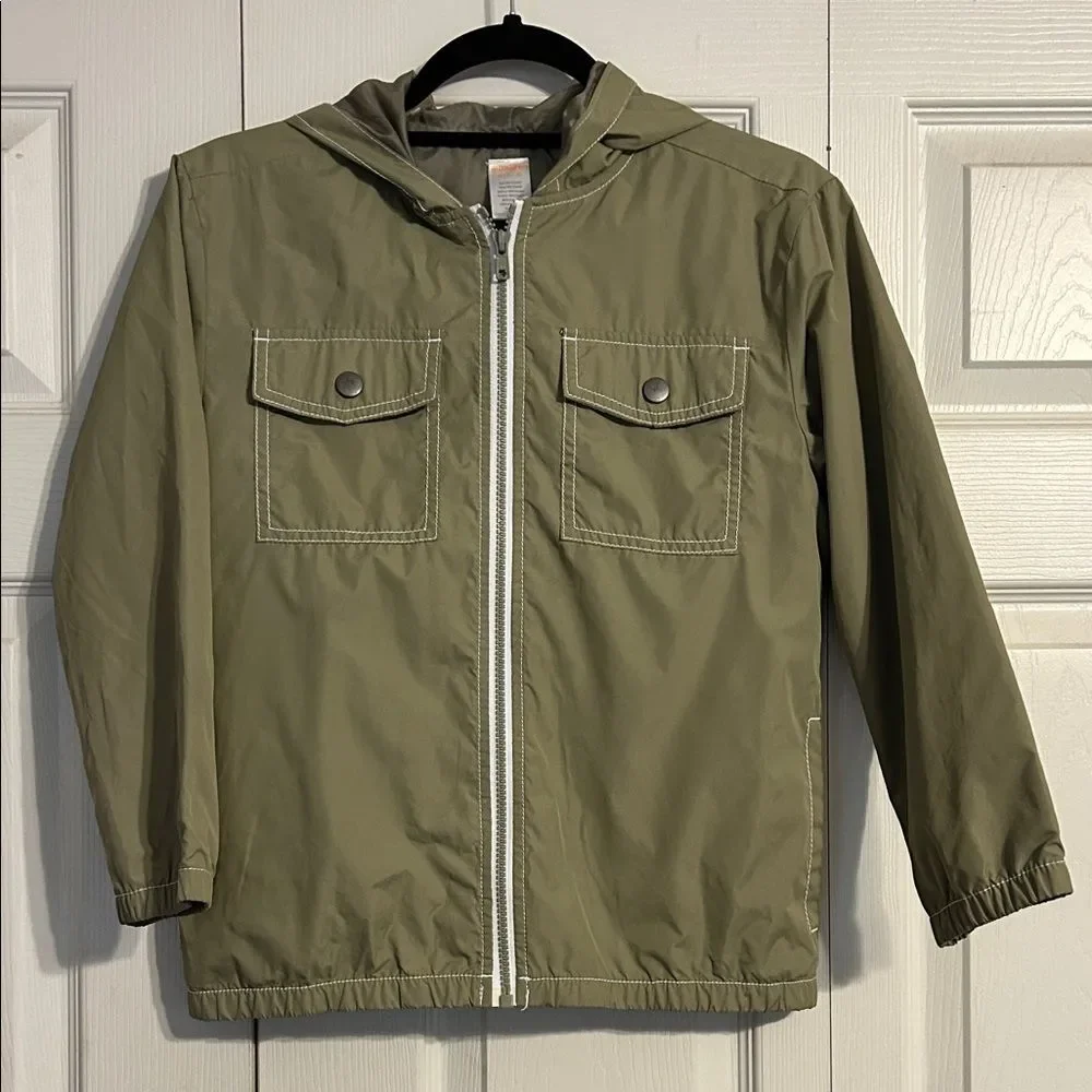 Gymboree Olive Green Hooded Kids Raincoat Chest Pockets Zip Up Unisex 7 8 Med